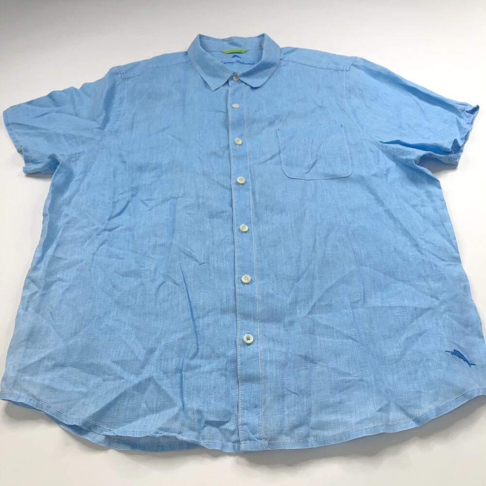 Tommy Bahama XXL 100% Linen Short Sleeve Casual Pocket Shirt Blue